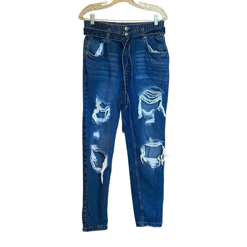 Refuge‎ MOM Destroyed Ripped Paperbag Womens XL Denim Jeans Elastic Waist Belt